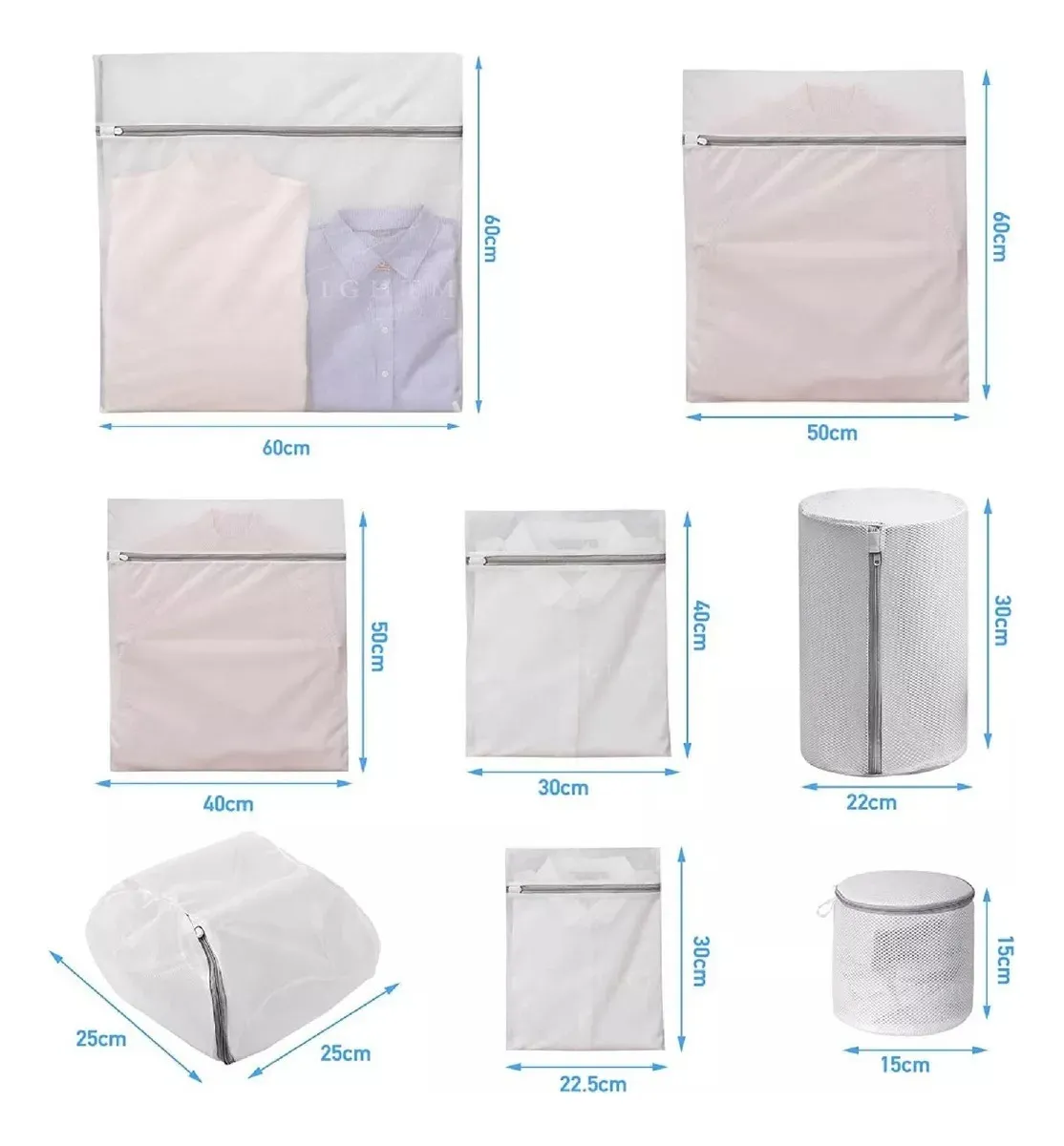 Set de 8 bolsas de lavado malla fina transparentes con cremallera. Variedad de tamaños rectangulares y cilíndricos, medidas visibles hasta 60x60 cm. Protege prendas delicadas.