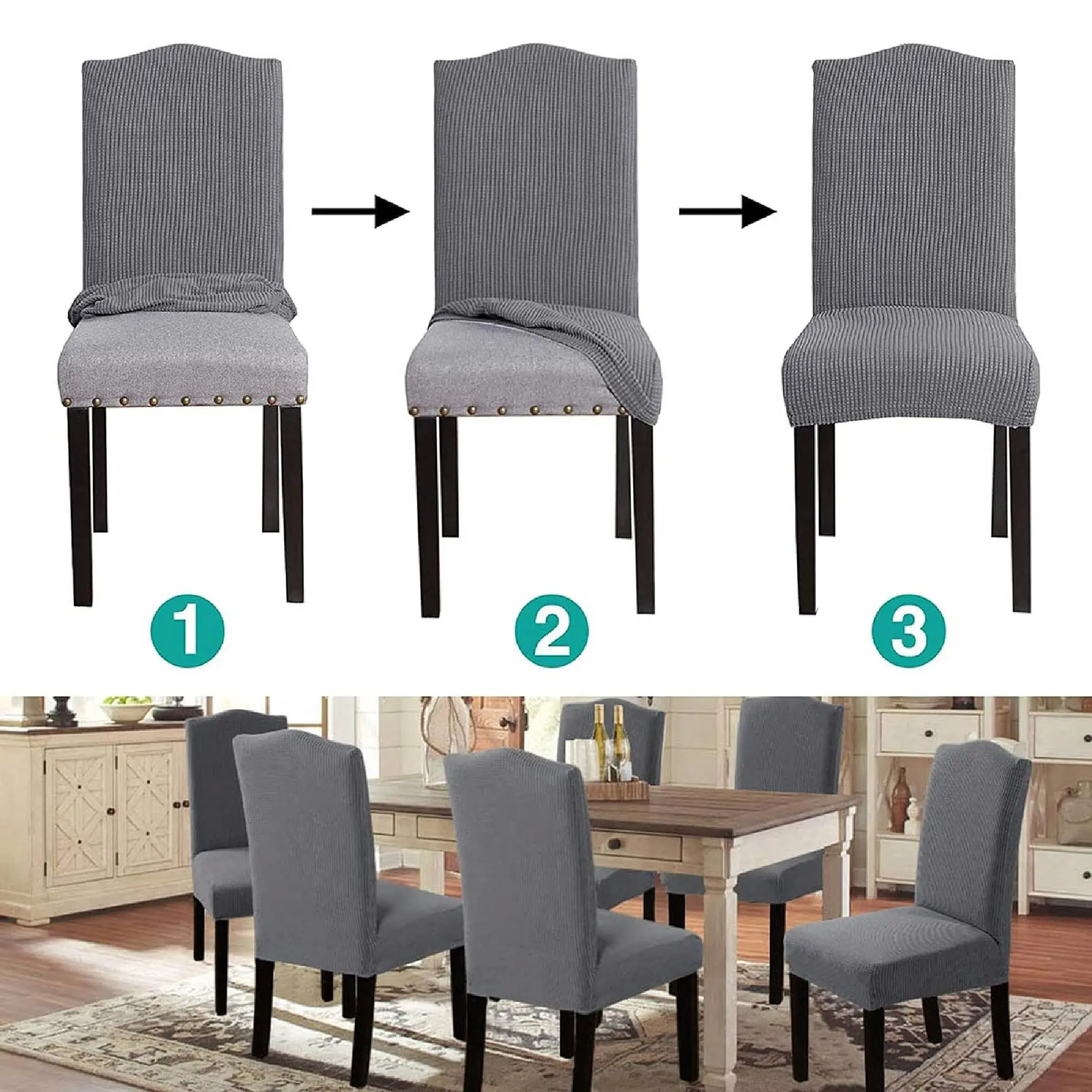 Forro Silla Protector Grueso gris, muestra instalación en 3 pasos y conjunto de 4 sillas en comedor.