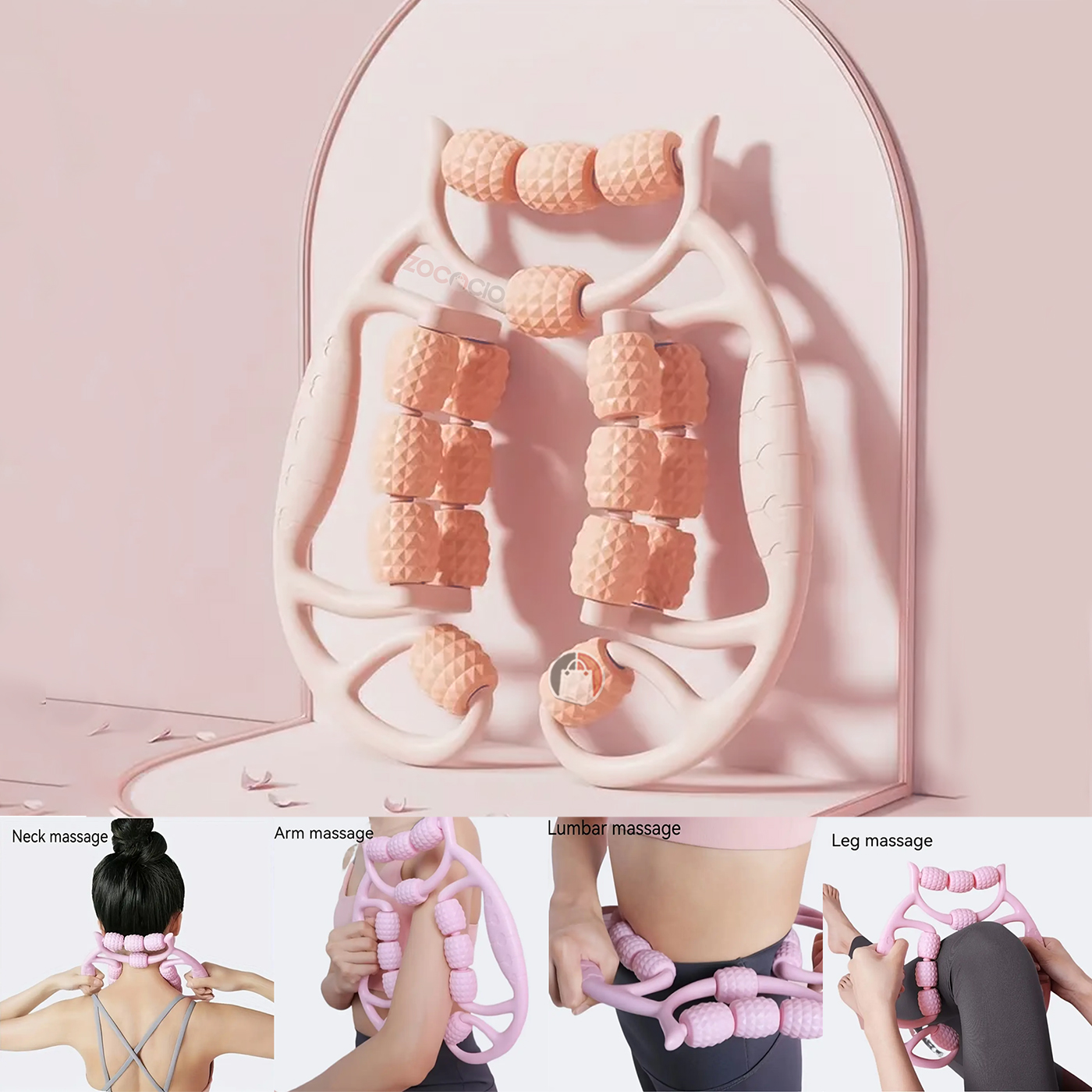 Rodillo masajeador corporal rosado ZOCACIO con rodillos texturizados para cuello, brazos, espalda y piernas.