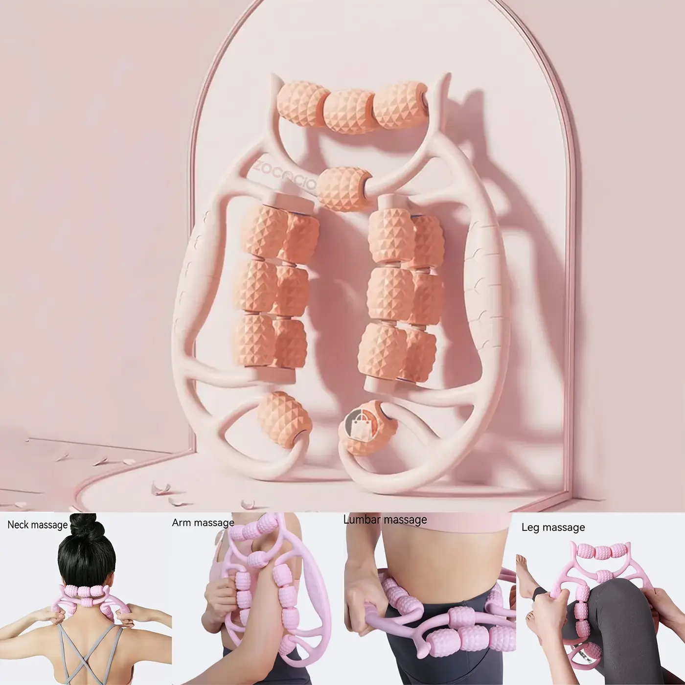 Rodillo masajeador corporal rosado ZOCACIO con rodillos texturizados para cuello, brazos, espalda y piernas.