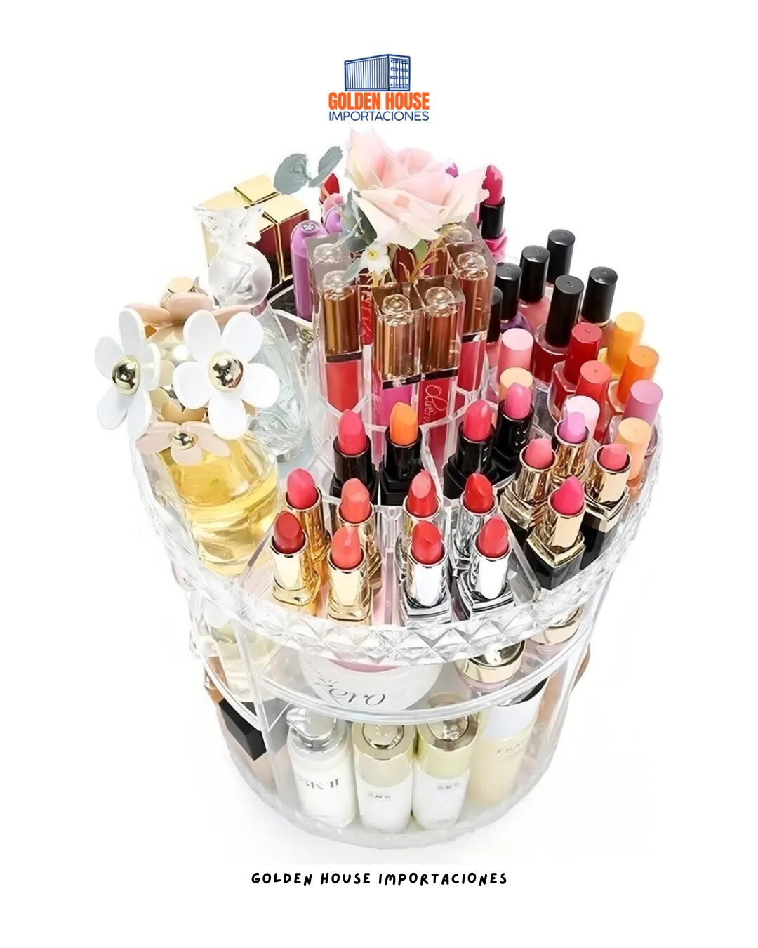 Organizador de maquillaje 360G transparente giratorio con labiales, perfumes y otros cosméticos.