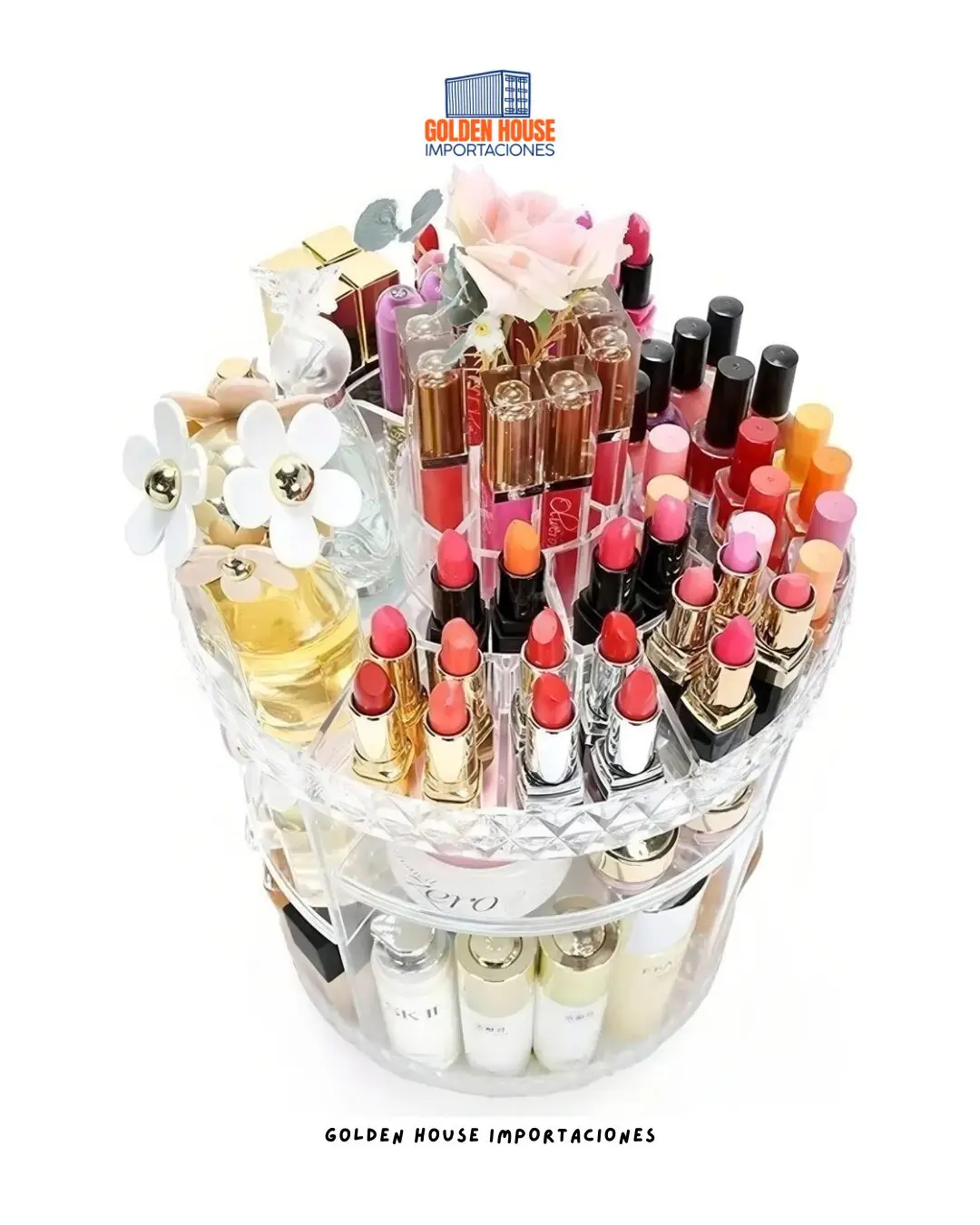 Organizador de maquillaje 360G transparente giratorio con labiales, perfumes y otros cosméticos.