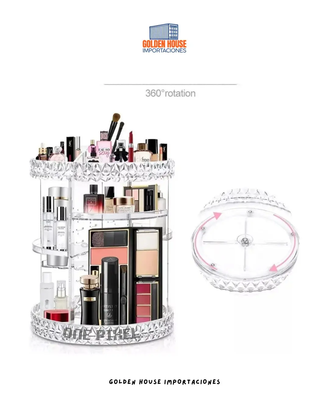 Organizador de maquillaje acrílico giratorio 360 con múltiples compartimentos para cosméticos.