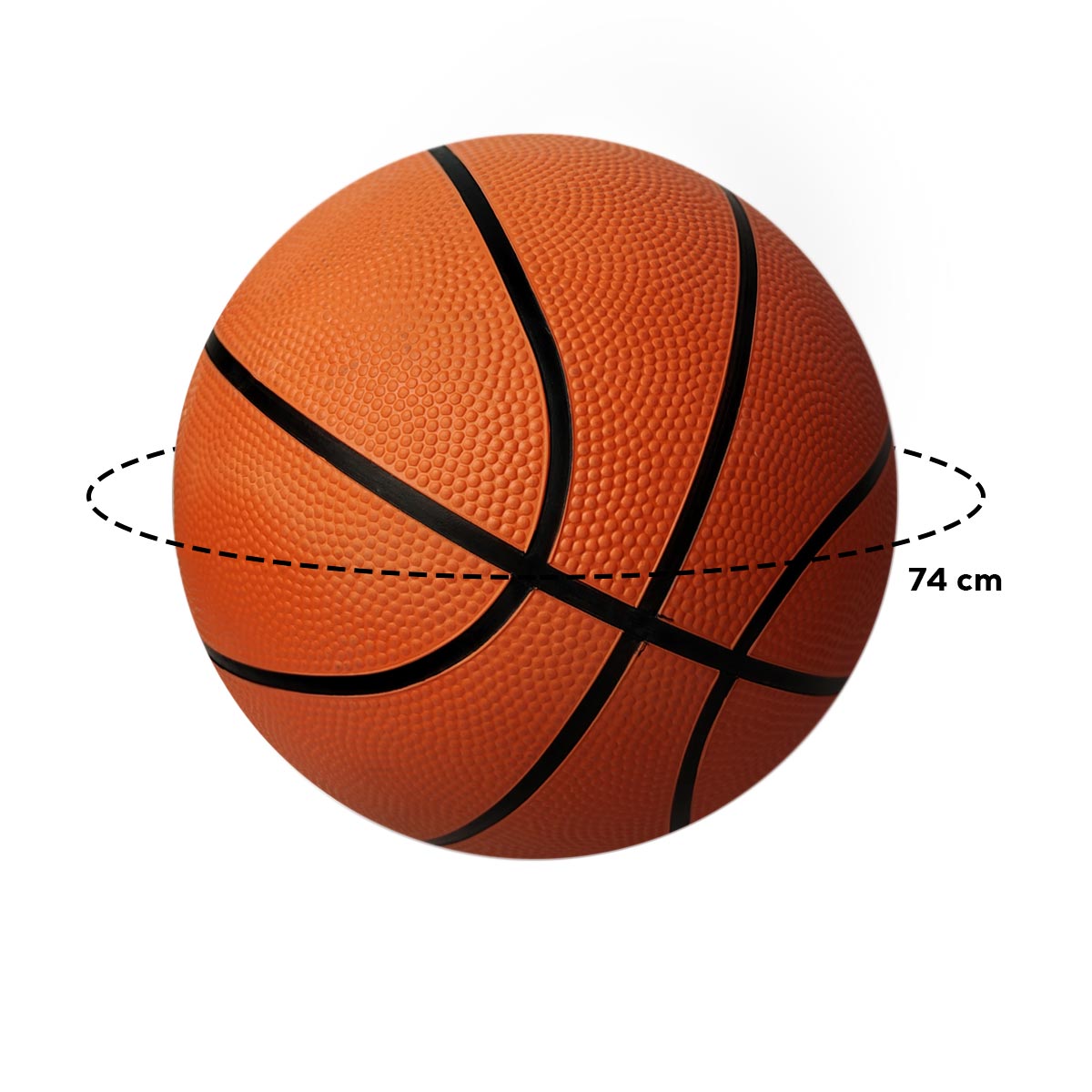 Balón de baloncesto naranja, textura rugosa, marcado con línea punteada y medida de 74 cm de circunferencia.