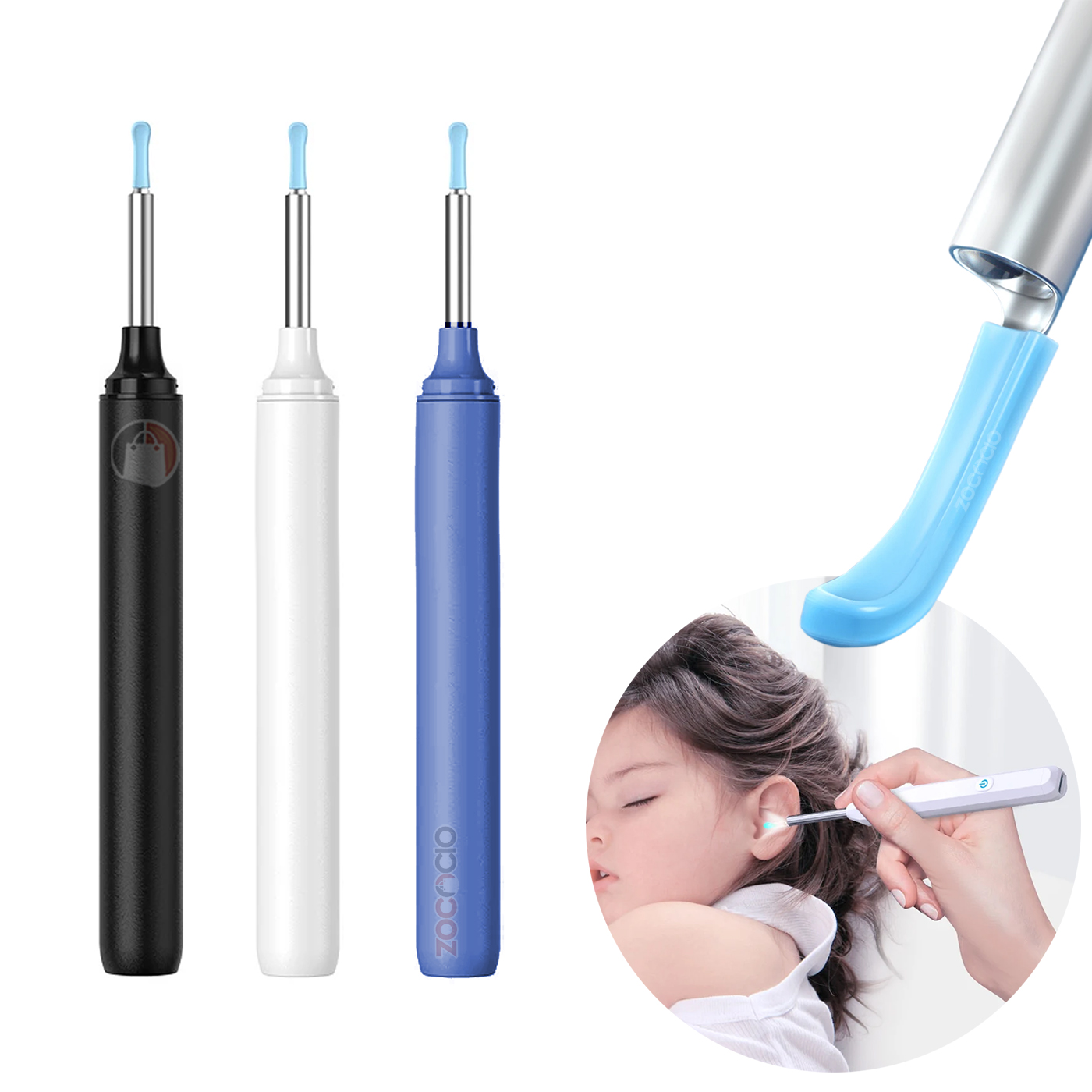 Limpiador de oídos con luz LED, removedor de cera, disponible en negro, blanco y azul.
