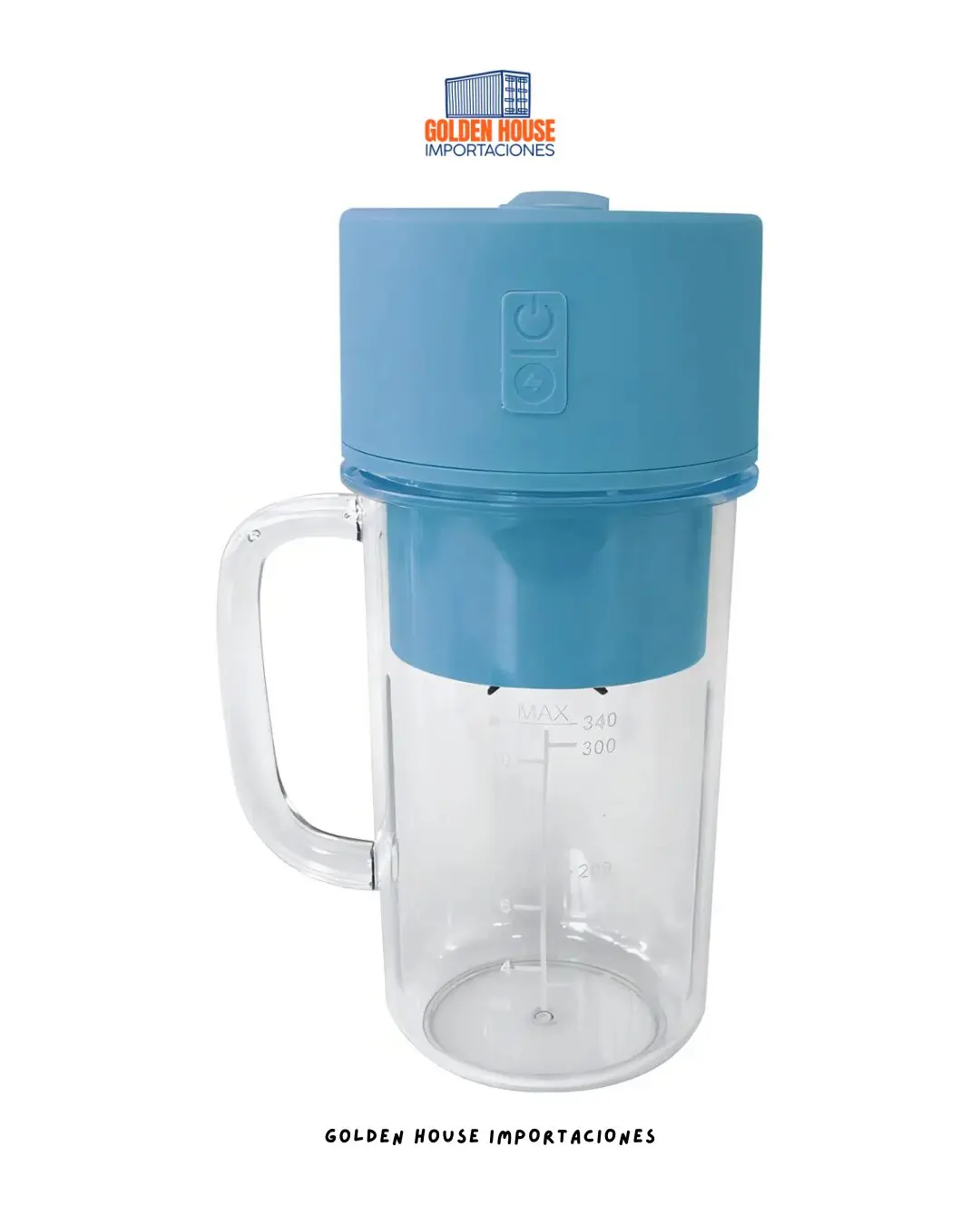 Mini licuadora USB portátil azul con jarra medidora transparente de 500ml.