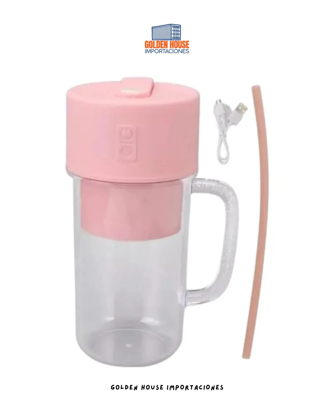 Mini licuadora portátil USB rosa 500ml con asa transparente y pajita.