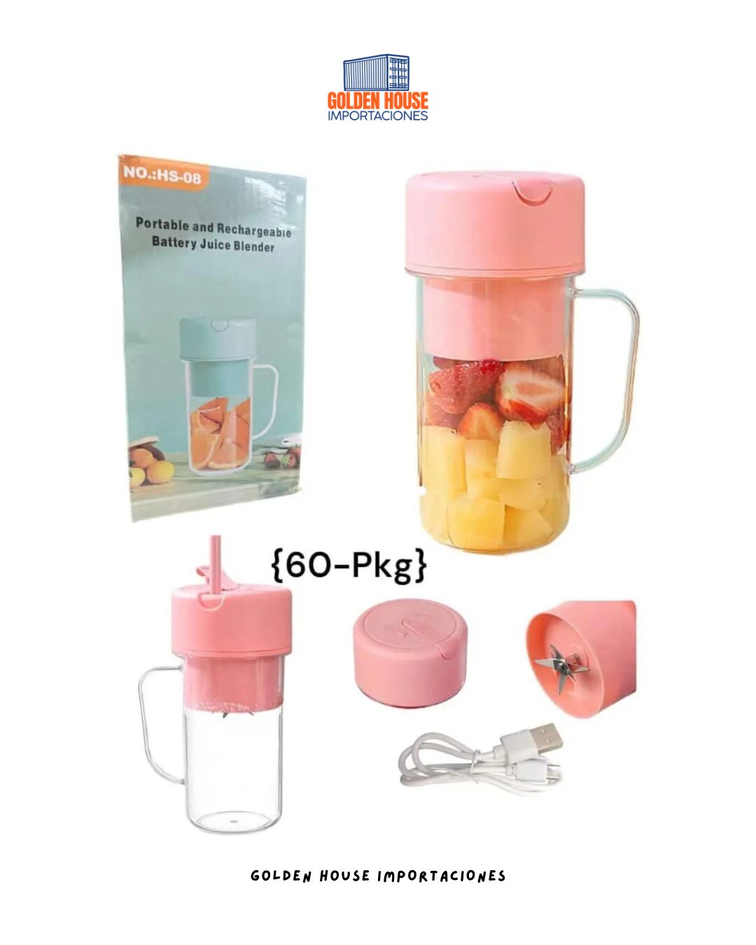 Mini licuadora portátil recargable rosa con vaso y accesorios, ideal para jugos.