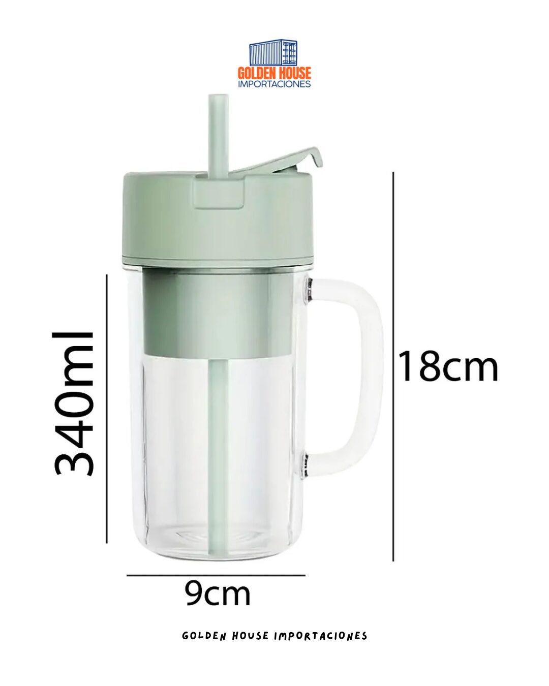 Mini licuadora USB verde 500ml, con medidas de 18cm alto, 9cm ancho y 340ml de capacidad.