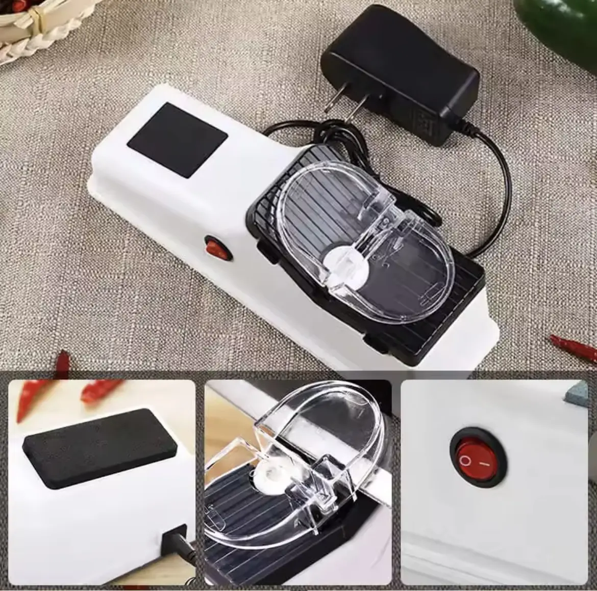 Afilador de cuchillos eléctrico blanco con cargador USB, interruptor rojo y tapa transparente para proteger.