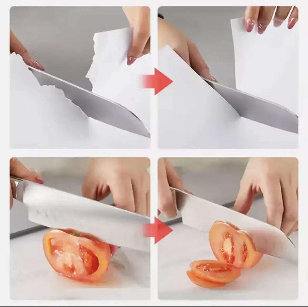 Afilador eléctrico USB demostrando corte de papel y tomate, cuchillos afilados.