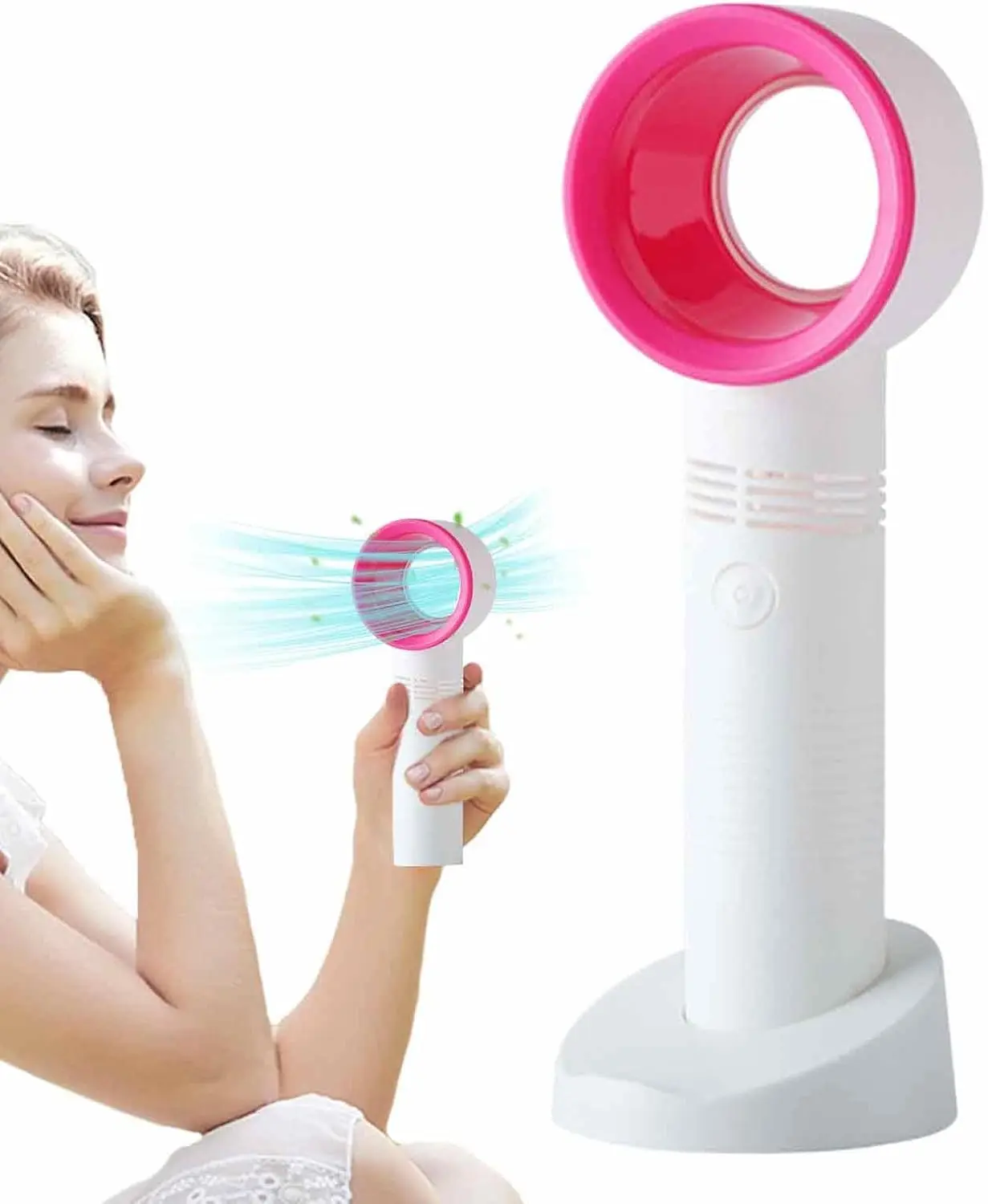 Ventilador de mano sin aspas blanco con borde rosa, usado por una mujer y en su base.