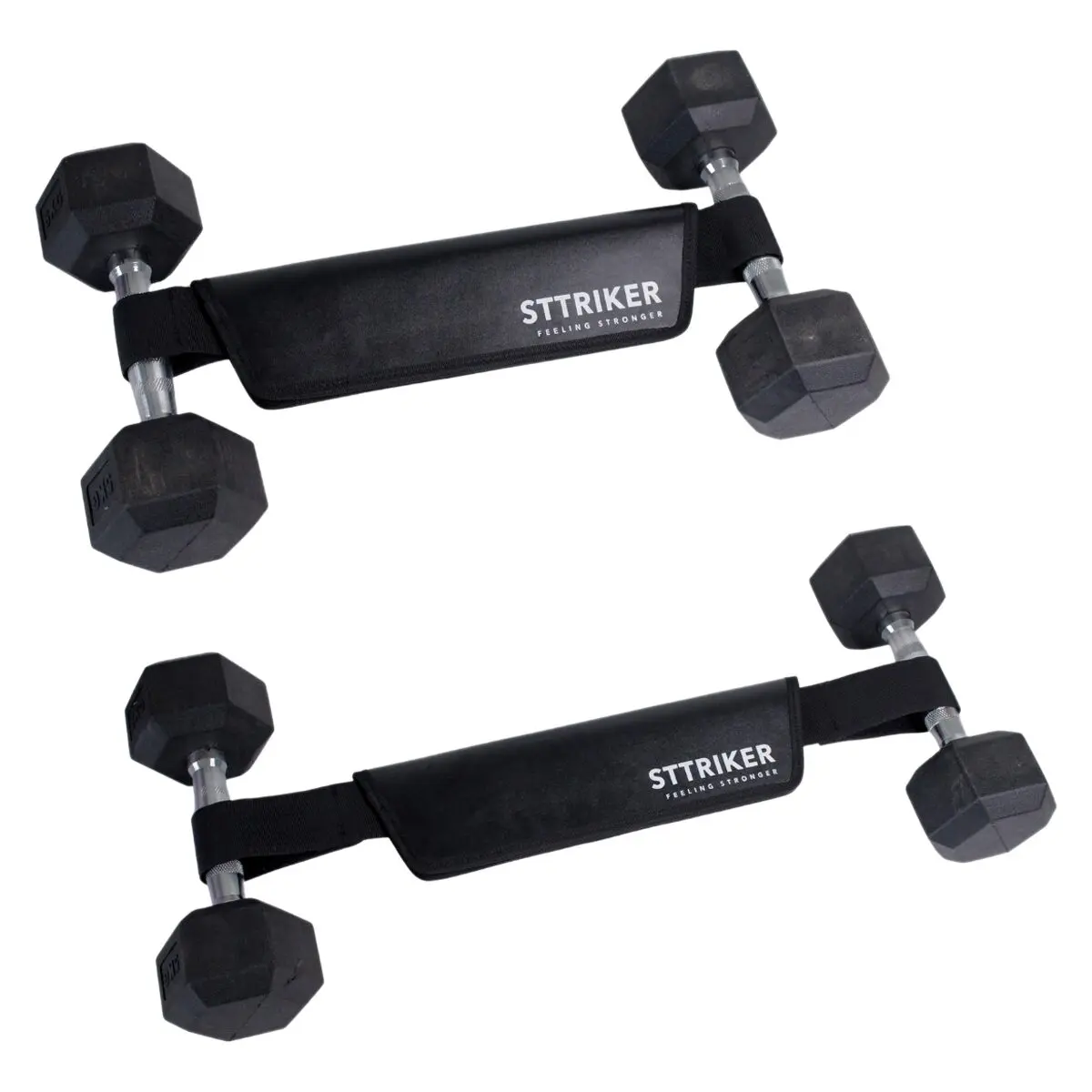Dos mancuernas hexagonales negras de 10 kg unidas por un cinturón ajustable para ejercicios de cadera y glúteos.