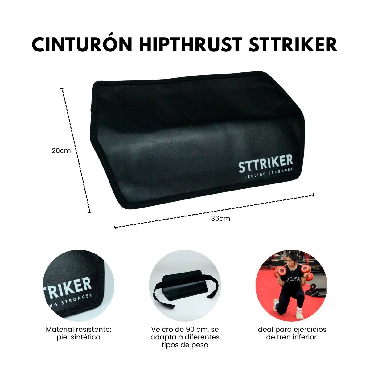 Cinturón negro STTRIKER 36cm x 20cm para hip thrust y ejercicios de tren inferior con velcro de 90 cm.