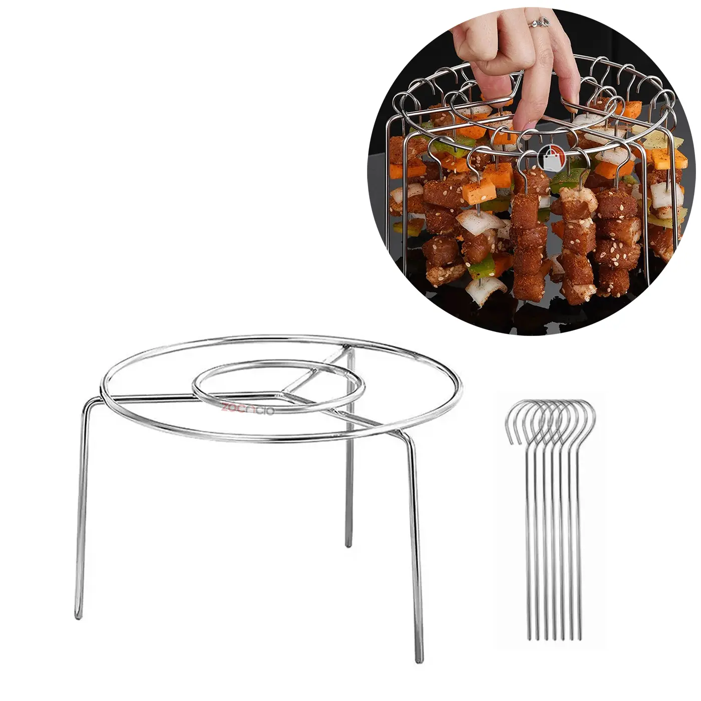 Set de parrilla redonda plateada para brochetas y 8 palillos en forma de J, ideal para freidora de aire.
