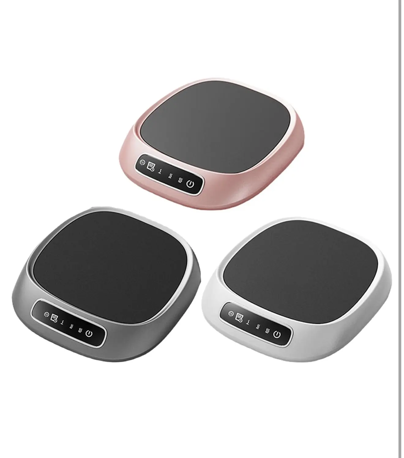 Calentadores de tazas USB digitales en rosa, gris y blanco. Mantienen bebidas calientes.