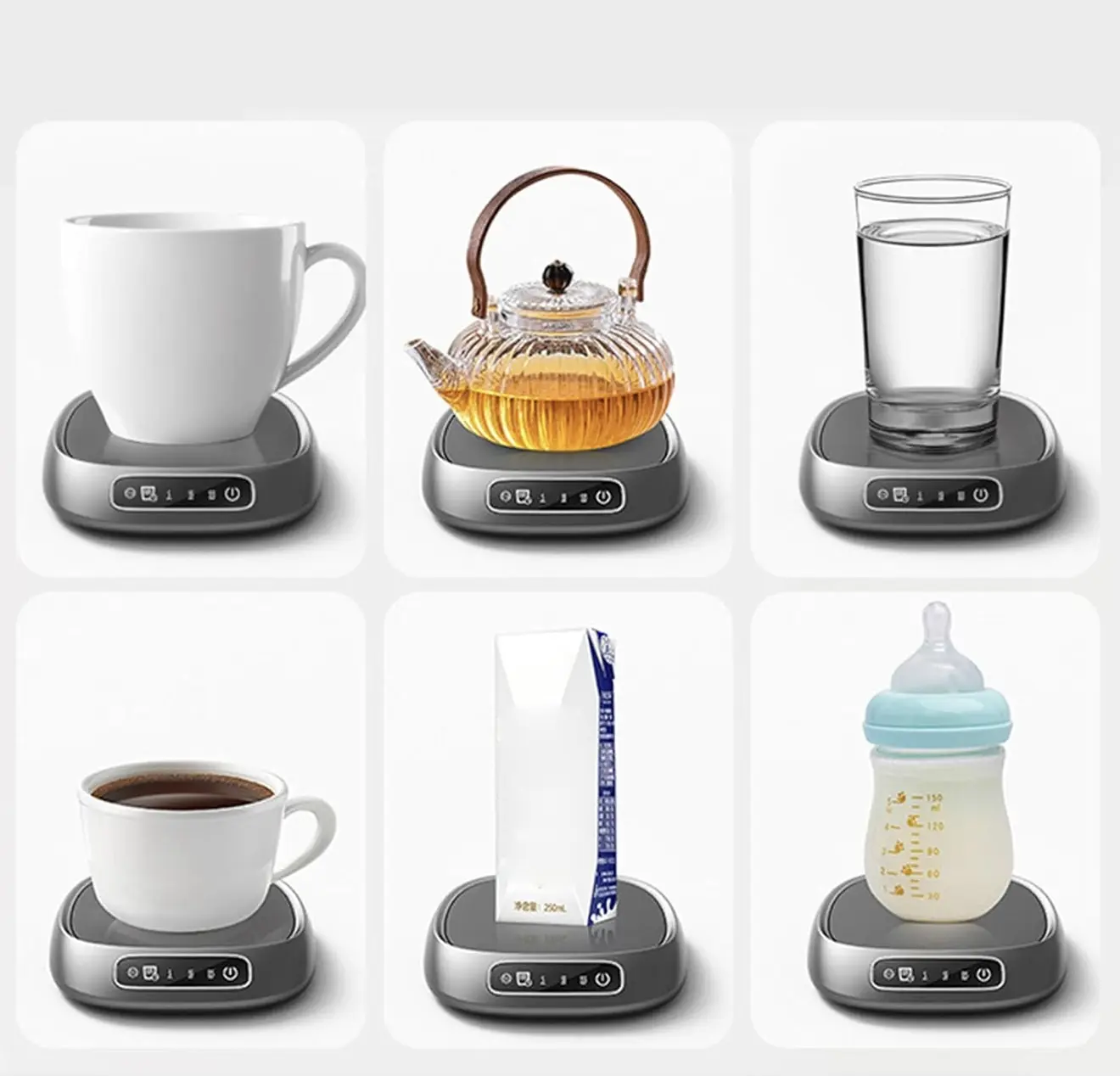 Calentador de tazas USB digital gris con taza blanca, tetera de vidrio, vaso de agua, taza de café, caja de leche y biberón.