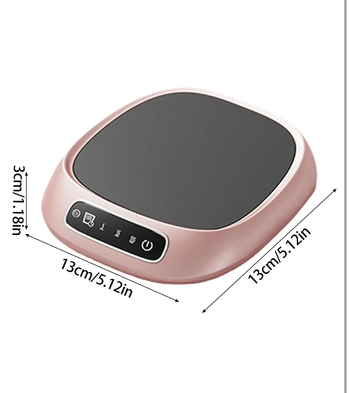 Calentador de tazas USB digital rosa, 13cm de diámetro, mantiene bebidas calientes.