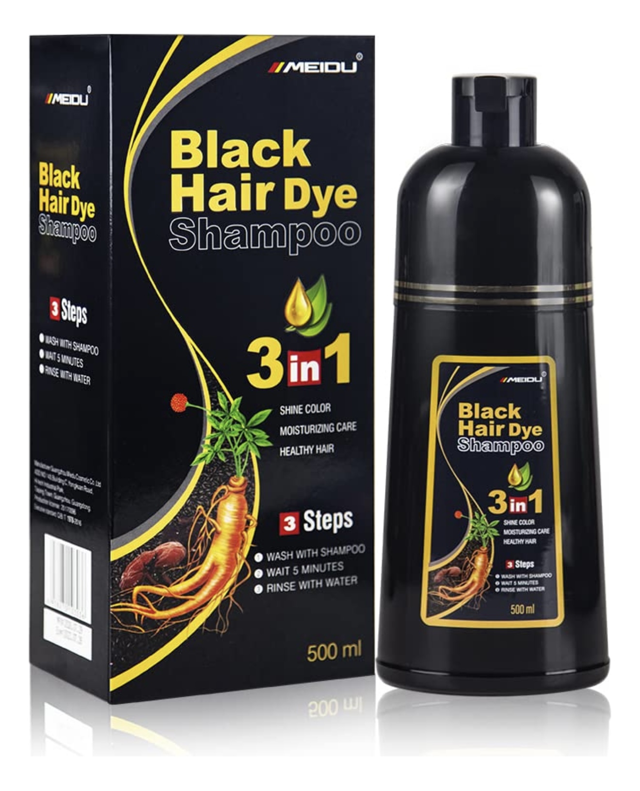 Champú tinte cubre canas negro 500ml MEIDU, 3 en 1: brillo, hidratación y cabello sano.