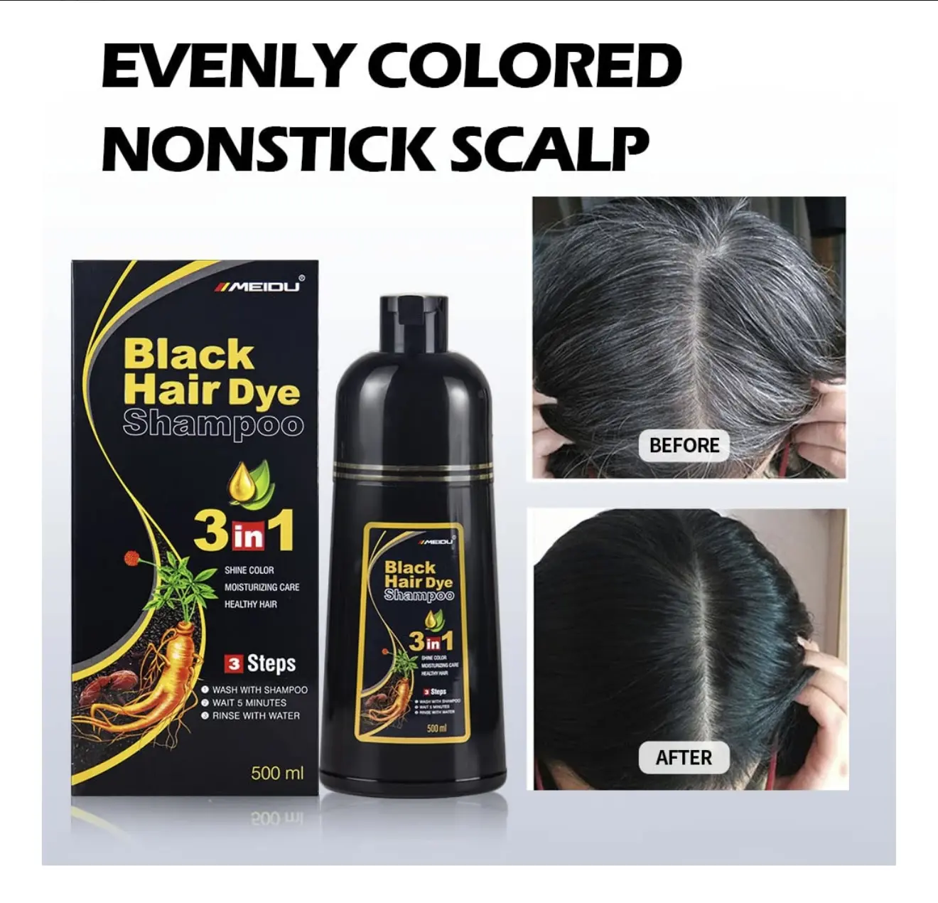 Champú tinte para cabello 500ml, cubre canas con ginseng, antes y después.