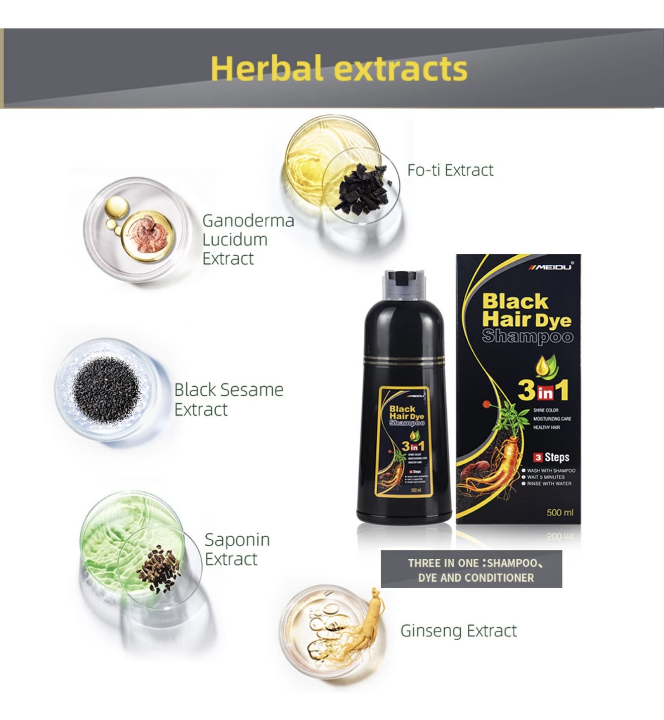 Champú tinte 500ml 3 en 1 con extractos herbales: Ganoderma, Sésamo Negro, Saponina y Ginseng.