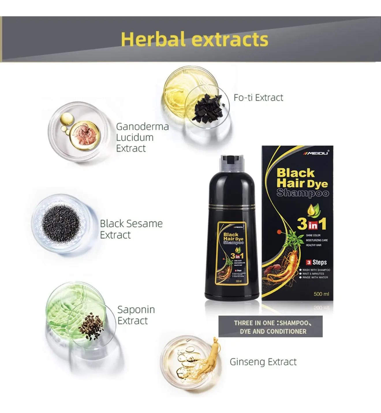 Champú tinte 500ml 3 en 1 con extractos herbales: Ganoderma, Sésamo Negro, Saponina y Ginseng.