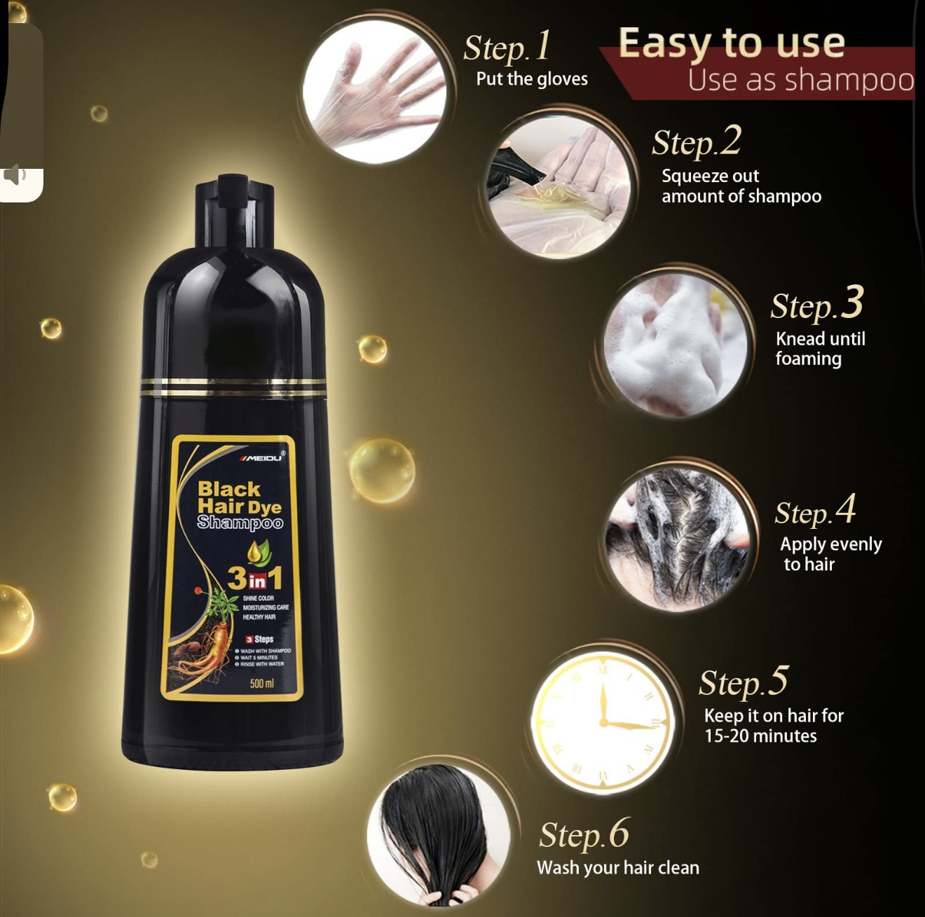 Champú tinte negro 500ml, 3 en 1, para cabello, con instrucciones de uso en 6 pasos.