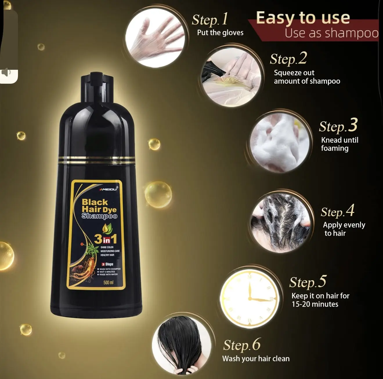 Champú tinte negro 500ml, 3 en 1, para cabello, con instrucciones de uso en 6 pasos.