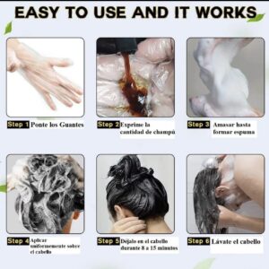 Instrucciones paso a paso para usar champú tinte cubre canas: ponerse guantes, aplicar, masajear, dejar actuar y lavar.