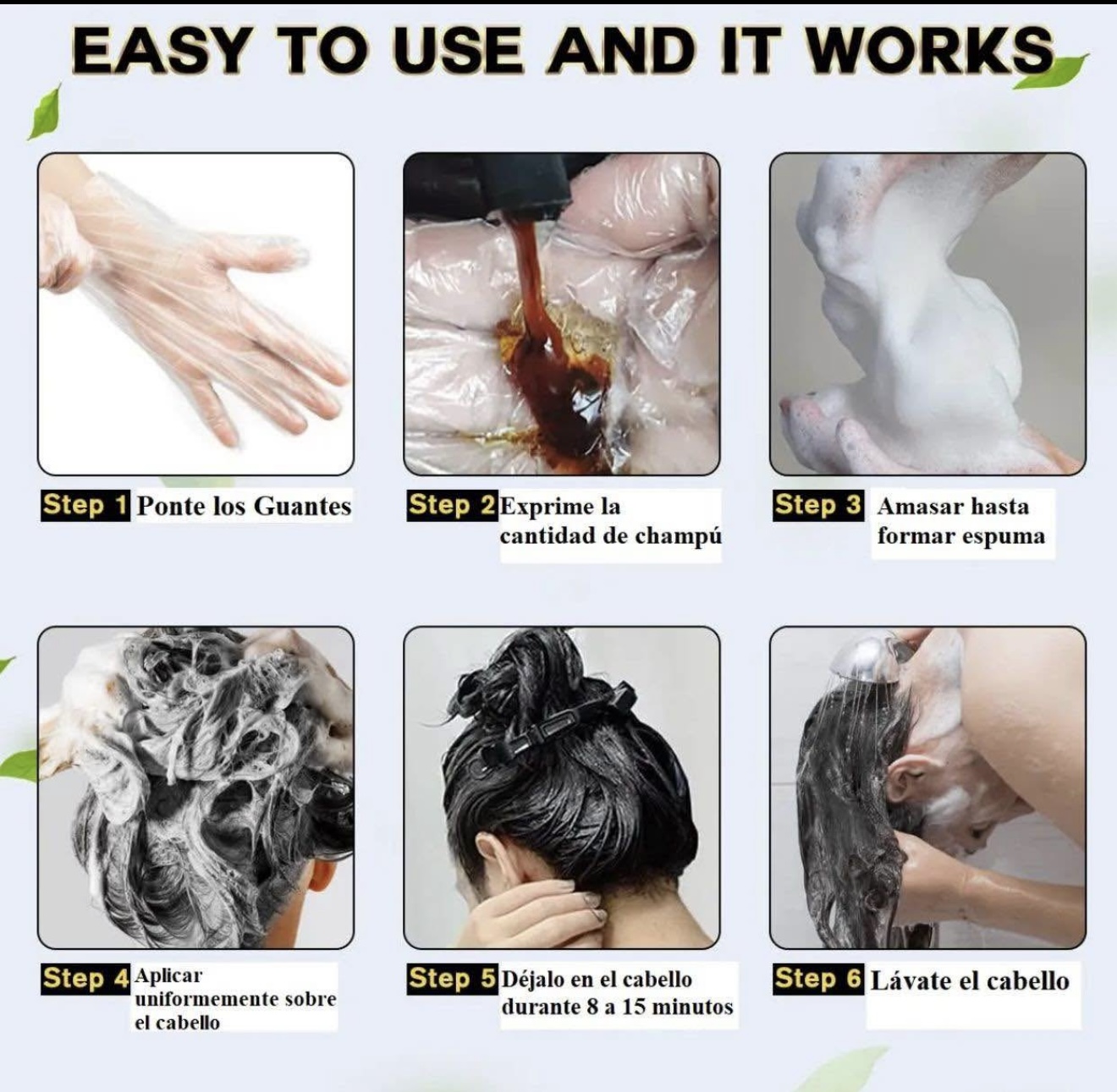 Instrucciones paso a paso para usar champú tinte cubre canas: ponerse guantes, aplicar, masajear, dejar actuar y lavar.