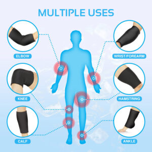 Rodilleras, coderas, muñequeras y tobilleras de compresión negra para terapia fría/calor, aliviando dolor e inflamación.