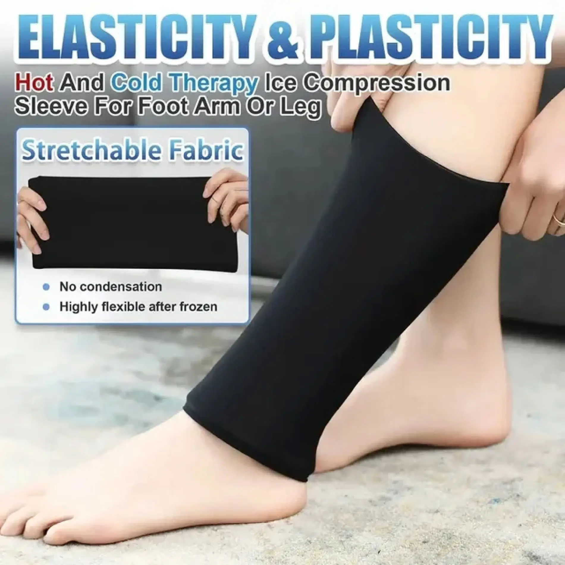 Manga de compresión flexible para pierna, en negro, para terapia fría/calor.