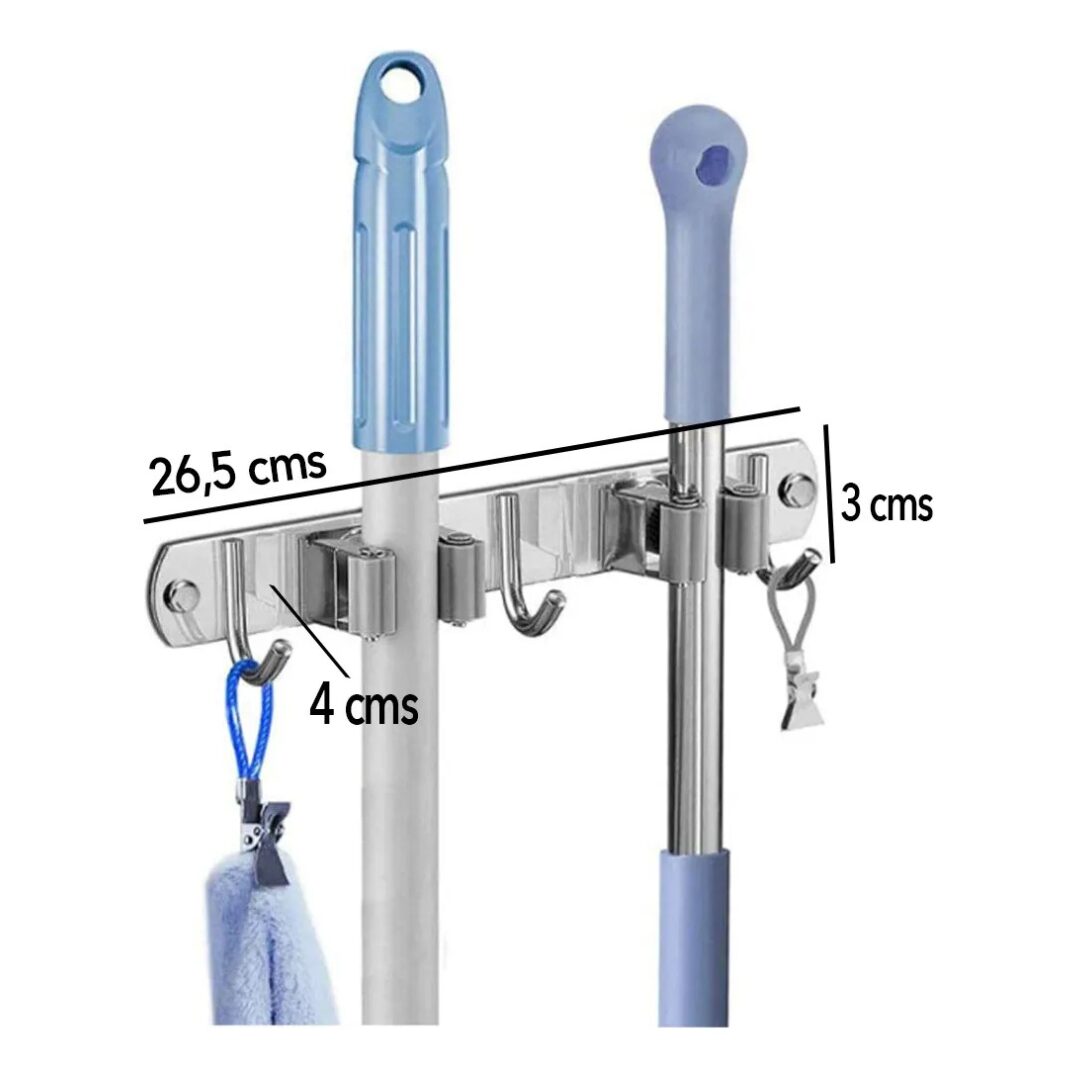 Soporte organizador acero inoxidable 26,5 cm con rodillos para escobas y ganchos. Medida de gancho 4 cm, altura 3 cm.