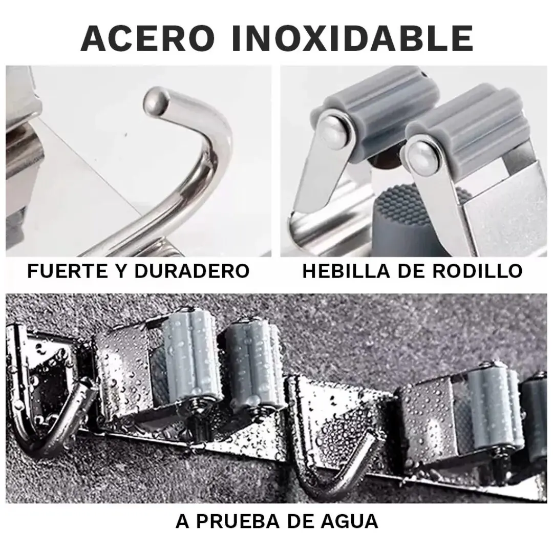 Soporte organizador acero inoxidable para escobas, fuerte y a prueba de agua, con ganchos y hebillas de rodillo.