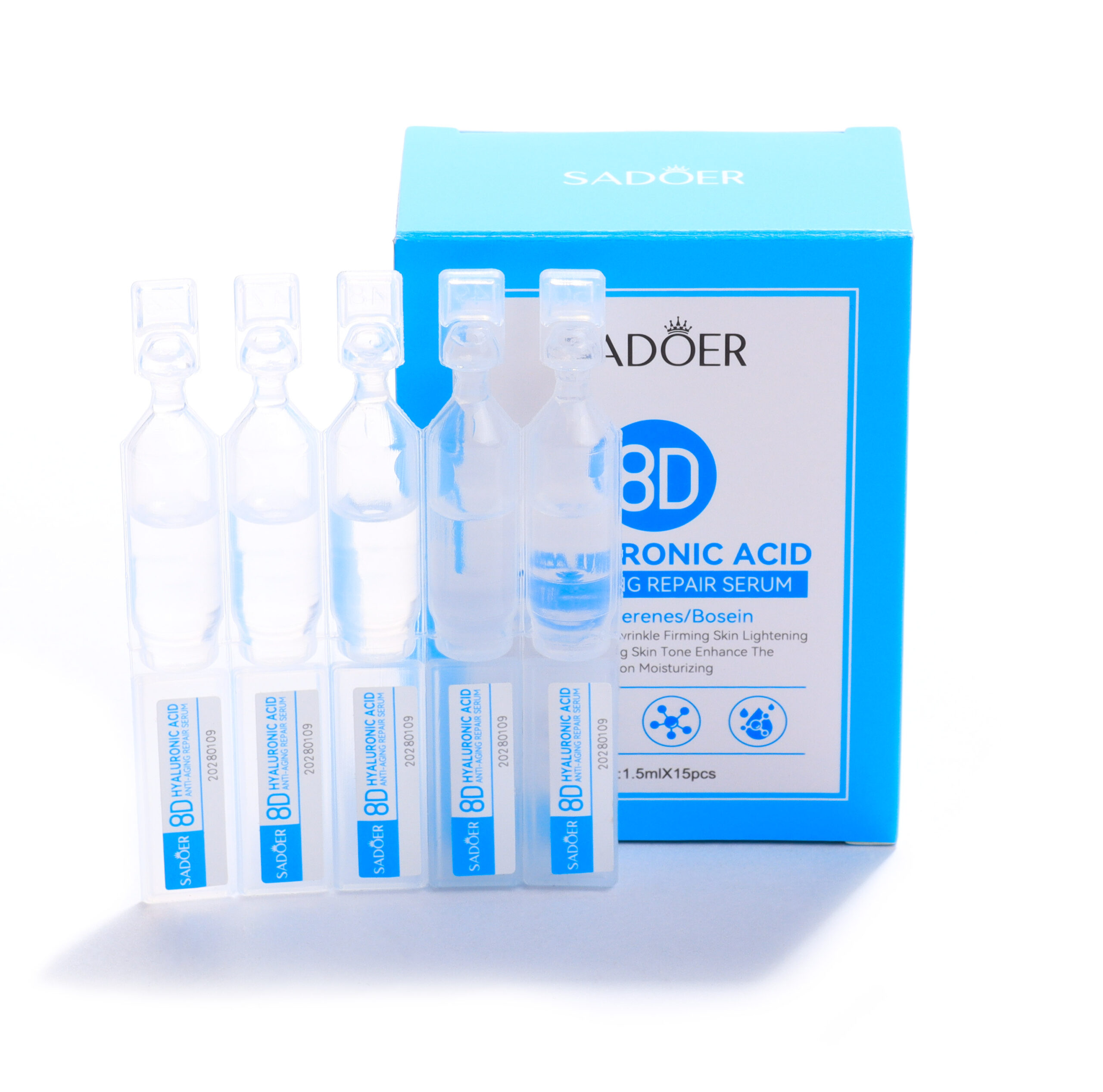 Ampollas Sadoer Ácido Hialurónico 8D para rejuvecer la piel, presentación de 1.5ml x 15 unidades.