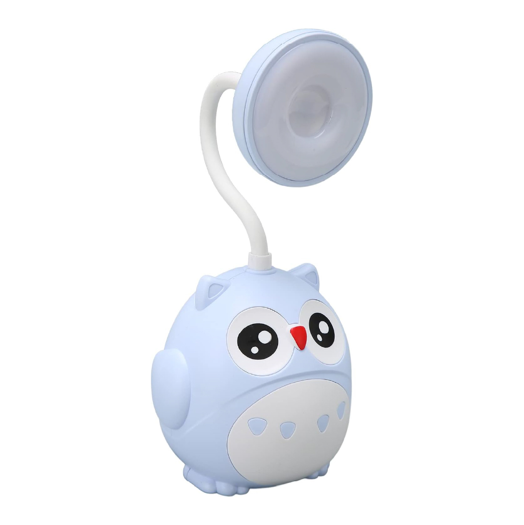 Lampara de escritorio azul en forma de búho con cuello flexible y luz LED circular.