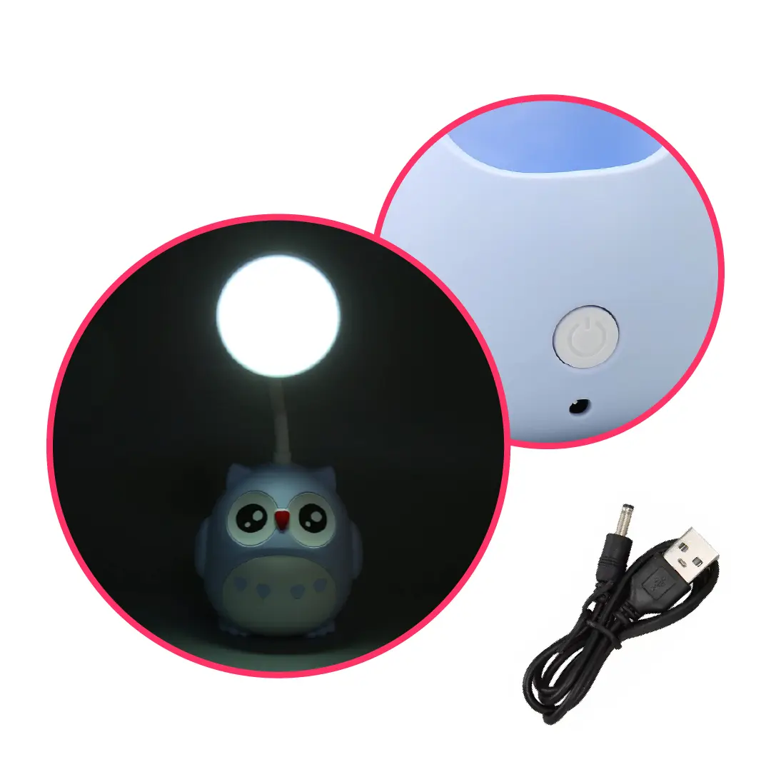 Lámpara LED azul con forma de búho, flexible, portátil, ideal para escritorio. Incluye cable USB.