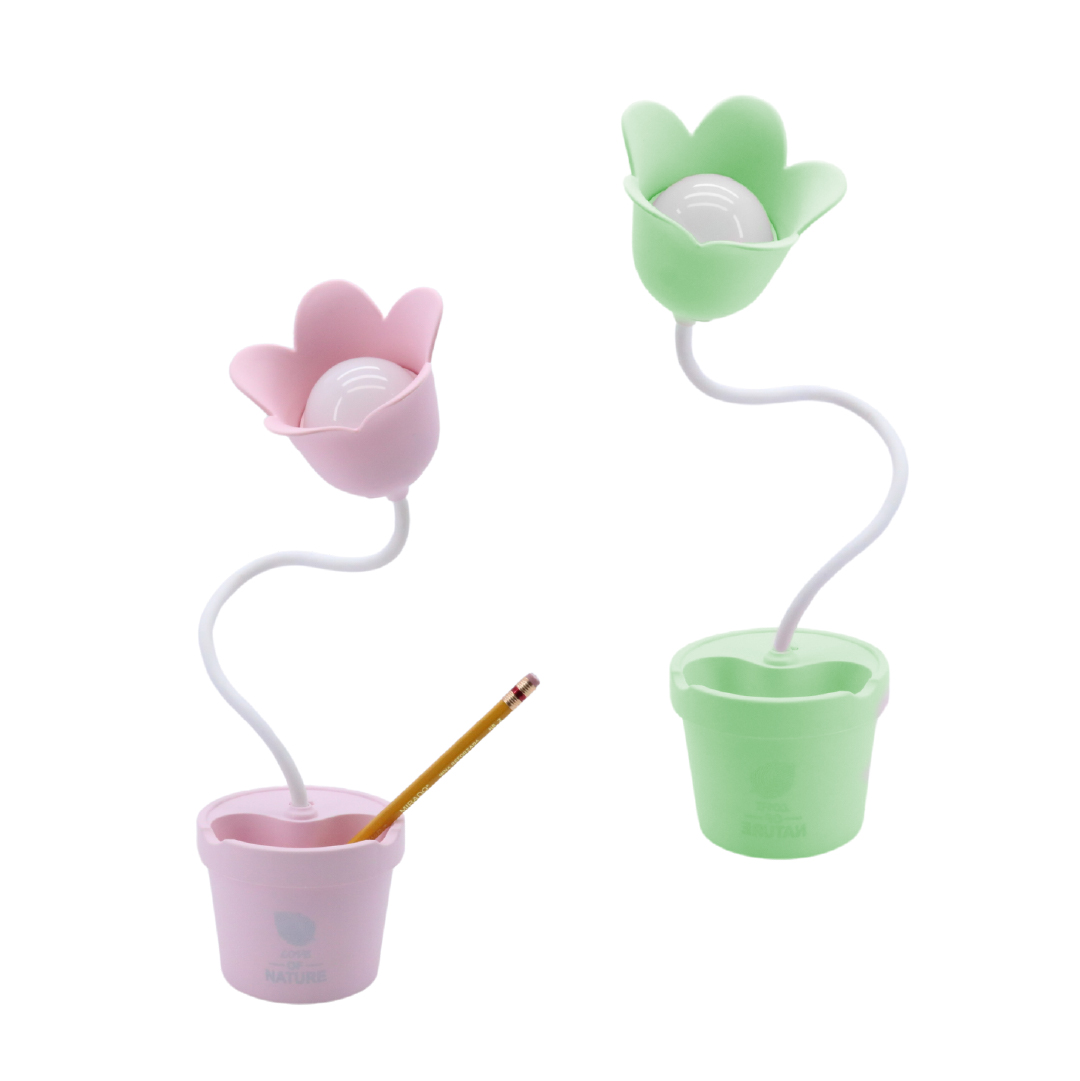 Lámpara LD3050, luz LED con forma de flor, base para lápices, rosa y verde.