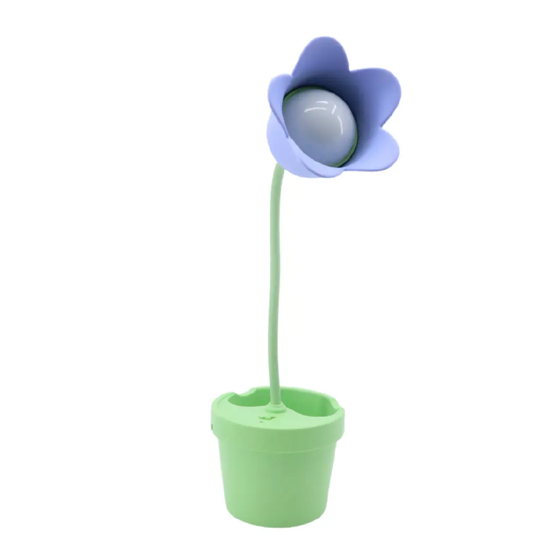 Lámpara flexible LD3059 con forma de flor morada, luz LED central y base tipo maceta verde con organizador de escritorio. Diseño decorativo funcional.