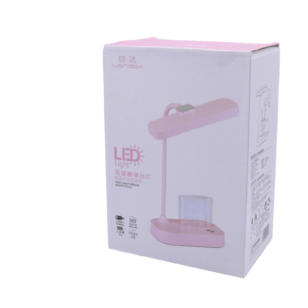 Lámpara de escritorio LED rosa Longda, diseño moderno, táctil, 3 niveles de brillo, con base para lápices.