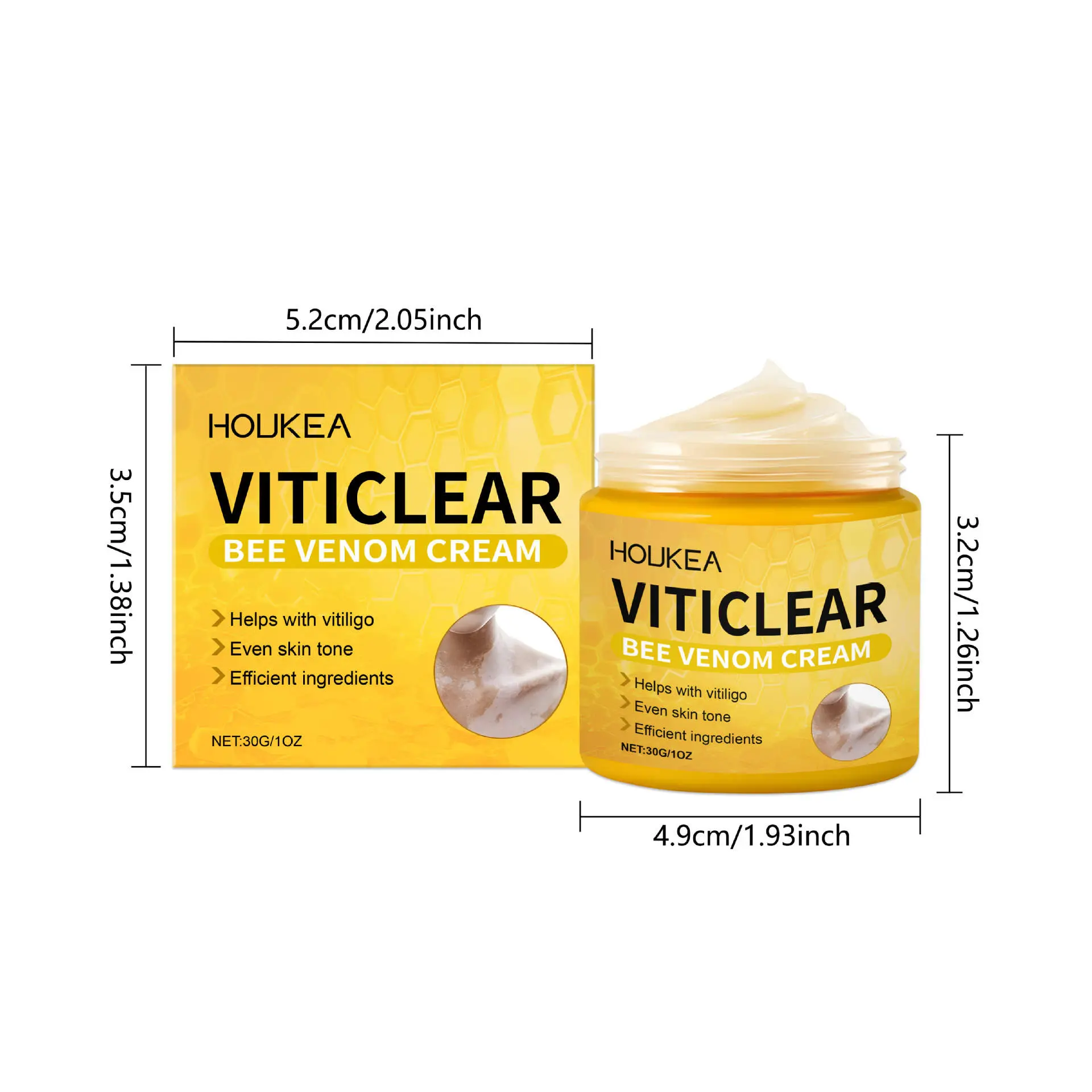 Crema Viticlear de veneno de abeja, bote 30g, para vitíligo y tono de piel, medidas 4.9x3.2cm.