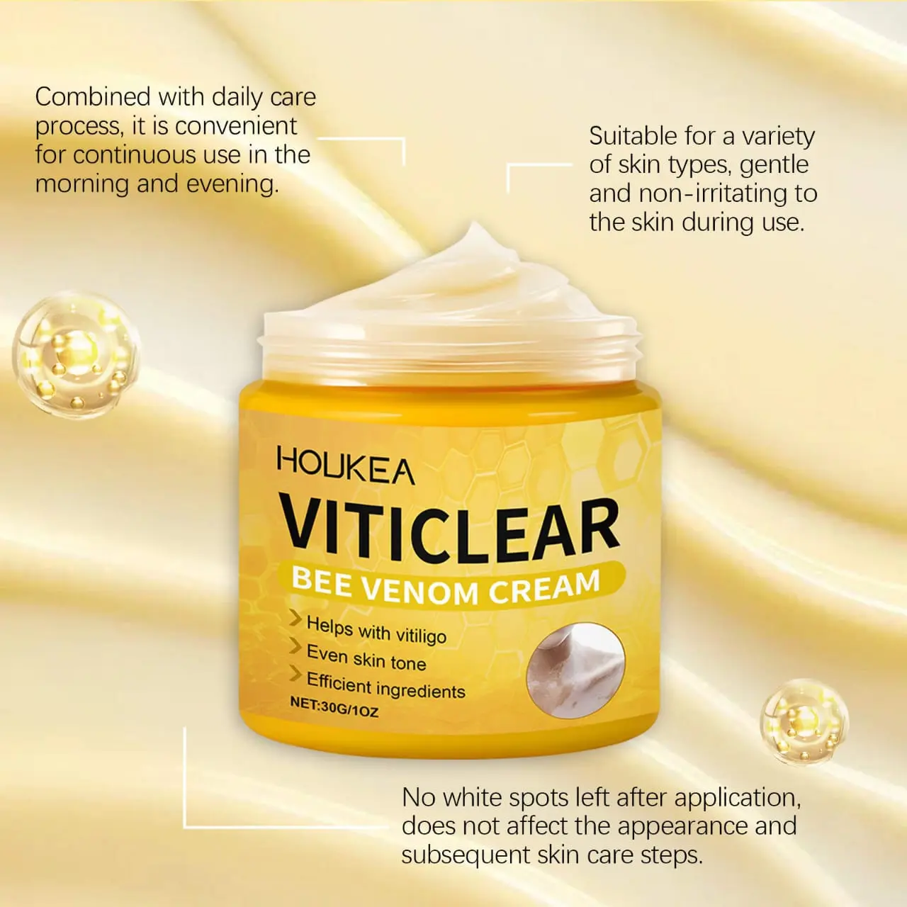 Crema Viticlear con veneno de abeja en envase amarillo. Beneficios para vitiligo y tono de piel.