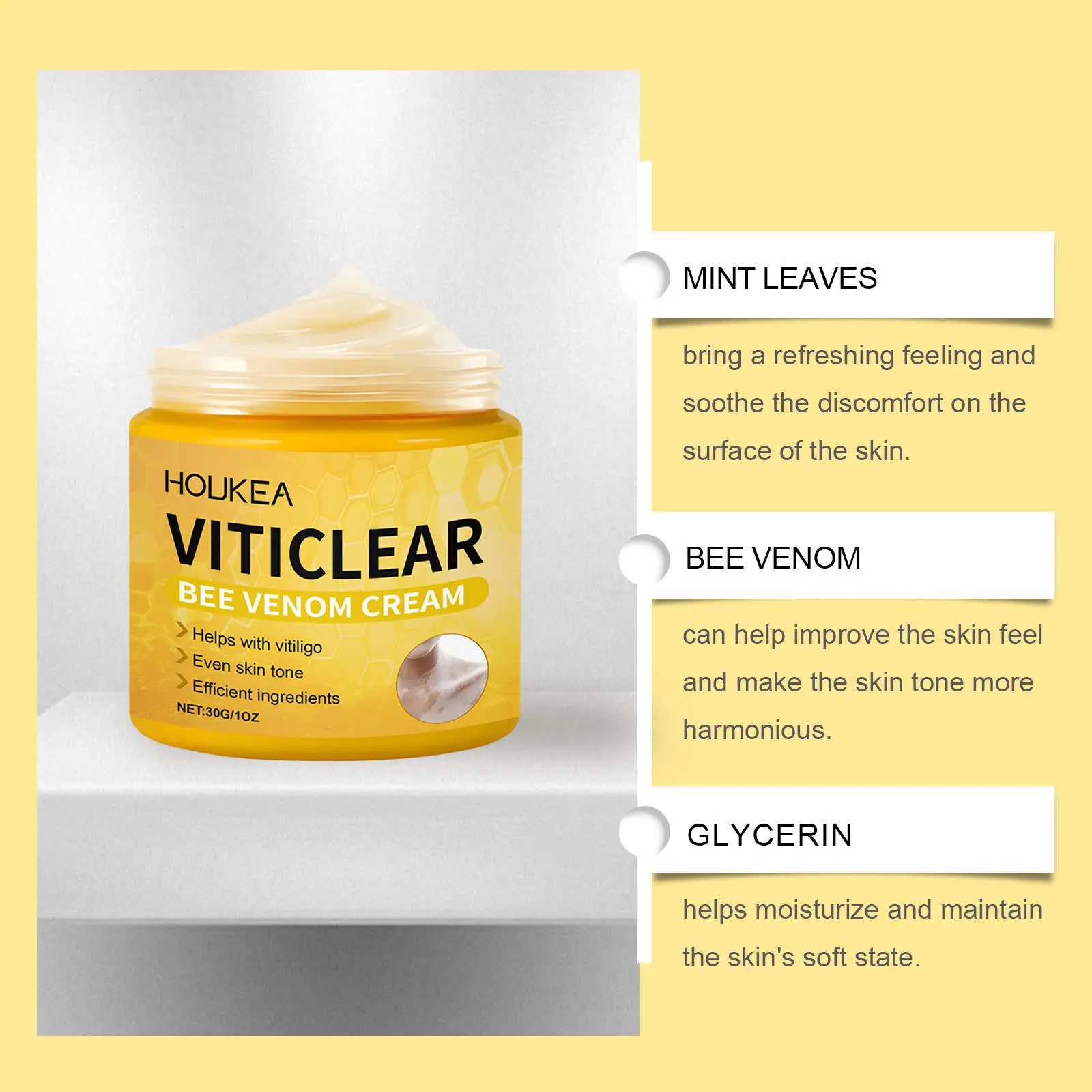 Crema Viticlear con veneno de abeja, en tarro amarillo con etiqueta, 30g/1oz. Beneficios: ayuda vitiligo, unifica tono.