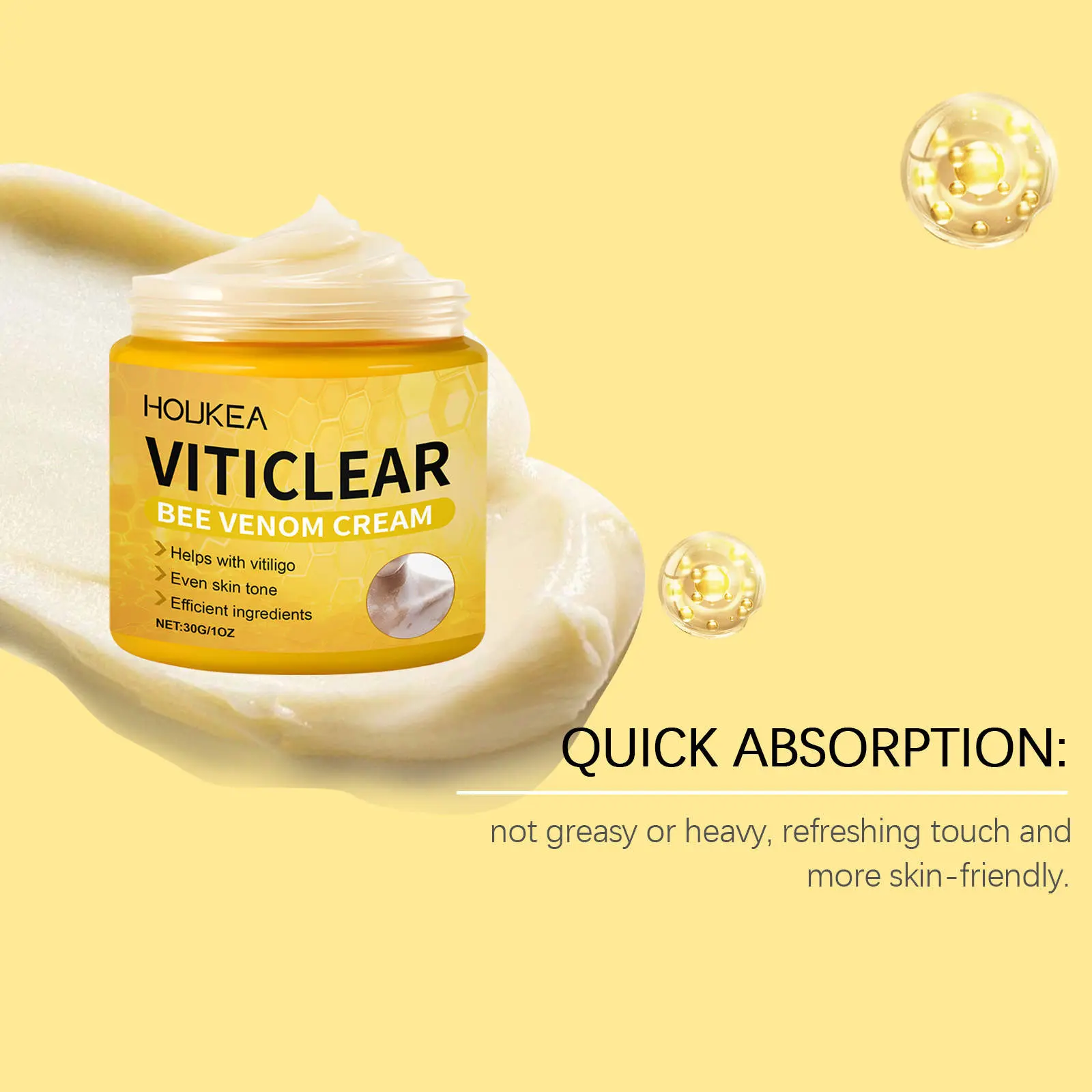 Crema Viticlear Houkea con veneno de abeja en tarro amarillo de 30g/1oz, con texto promocional sobre rápida absorción.
