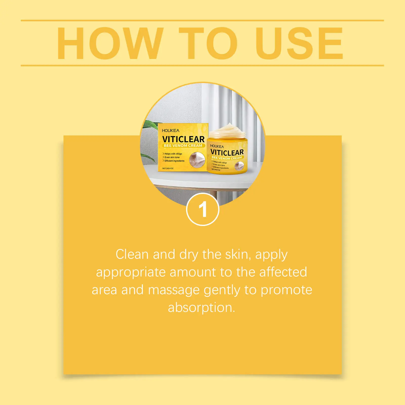 Crema Viticlear con veneno de abeja en frasco y caja, paso 1 de uso para piel con vitiligo.