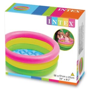Piscina inflable Intex para bebés, 61x22cm, con aros de colores rosa, amarillo y verde, fondo azul acolchado.