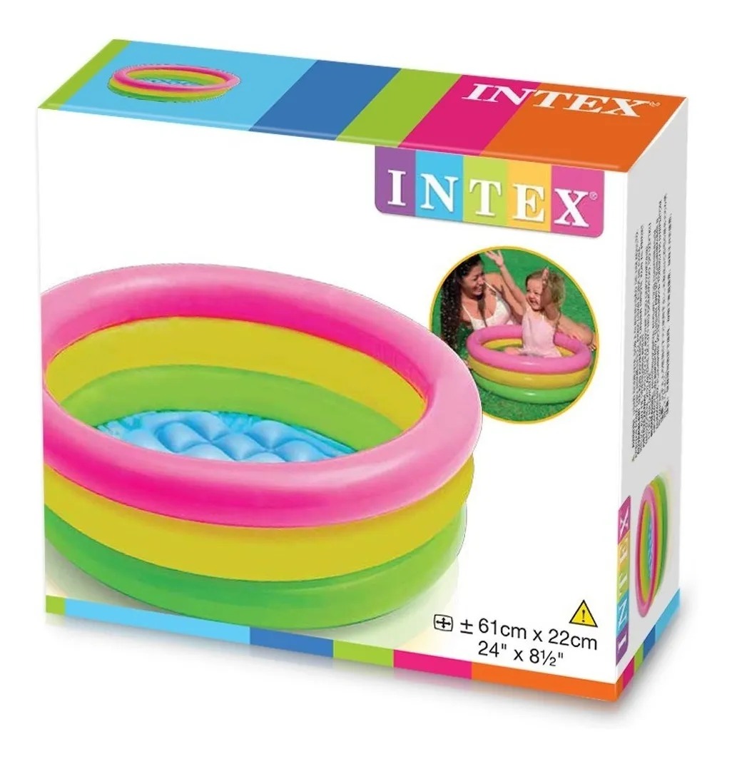 Piscina inflable Intex para bebés, 61x22cm, con aros de colores rosa, amarillo y verde, fondo azul acolchado.