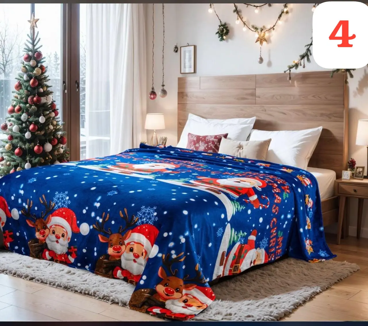 Cobija navideña azul con Santa Claus y renos, ideal para cama.