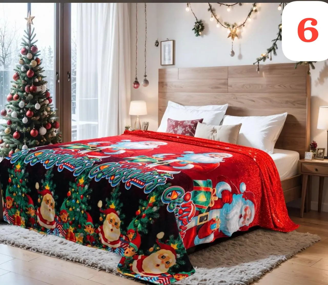 Cobija navideña roja decorativa con Santa Claus, elfos y árboles. Perfecta para cama.