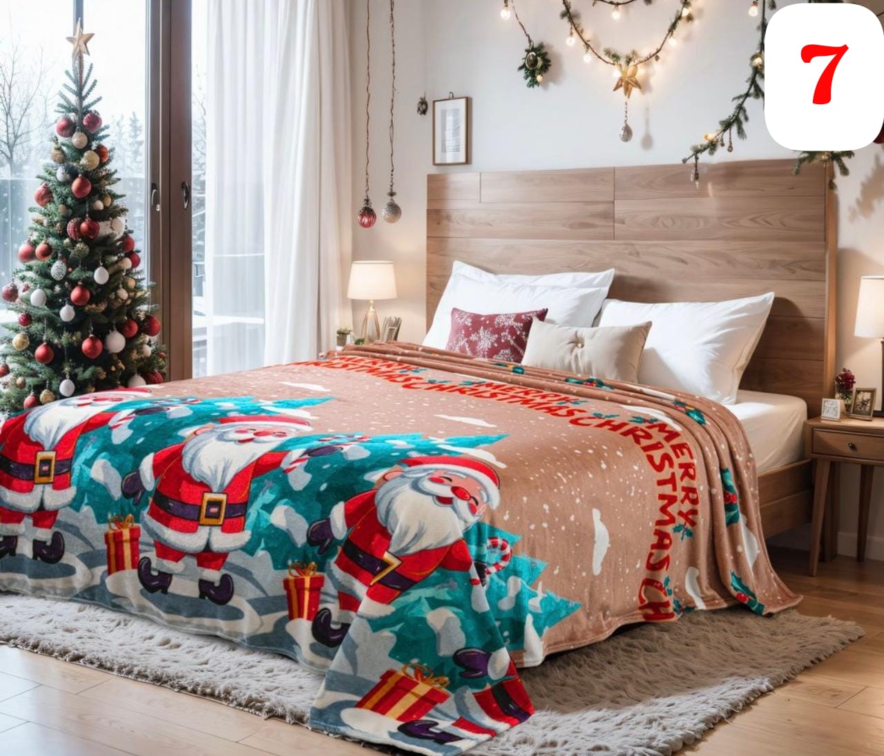 Cobija decorativa navideña con diseño de Santa Claus y árboles, ideal para cama.
